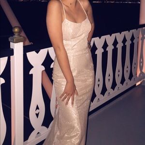 champagne glitter lace up prom dress
